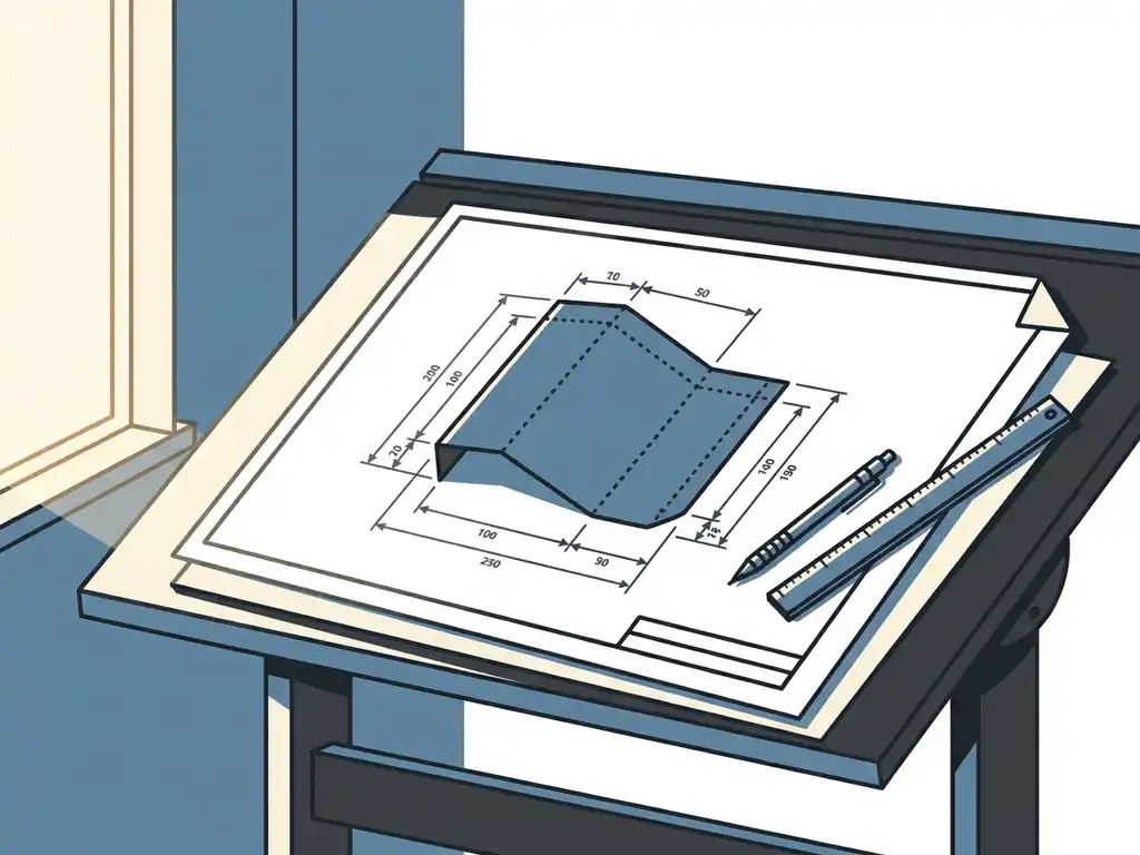 Technische tekening van een plaatmetalen onderdeel met buiglijnen en maatpijlen op een tekentafel, met een mechanisch potlood en stalen liniaal.
