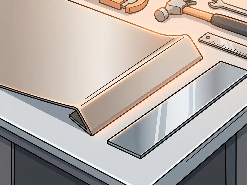 Gebogen roestvrijstalen plaat met scherpe vouw naast een gepolijste aluminiumstrip op een werkoppervlak.