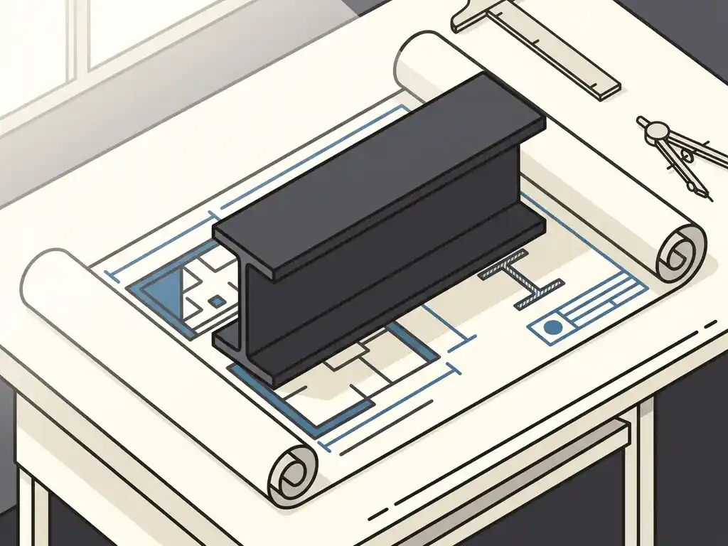Stalen HEA-profiel dwarssnede op een technische tekening met strakke lijnen op een witte werktafel.