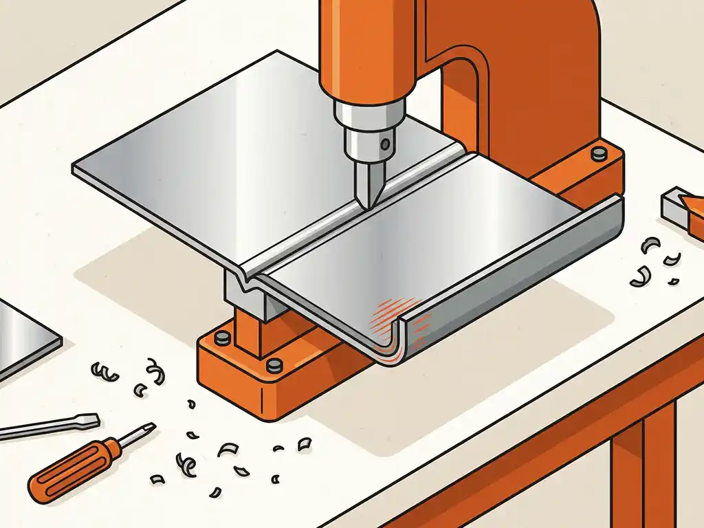 Stalen plaat die precies wordt gevouwen langs een scherpe vouwlijn op een werkbank, met zichtbare spanning in de coating bij de buigradius.