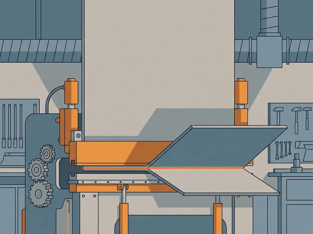 Stalen plaat die nauwkeurig wordt gevouwen door een kantpers in een industriële werkplaats.