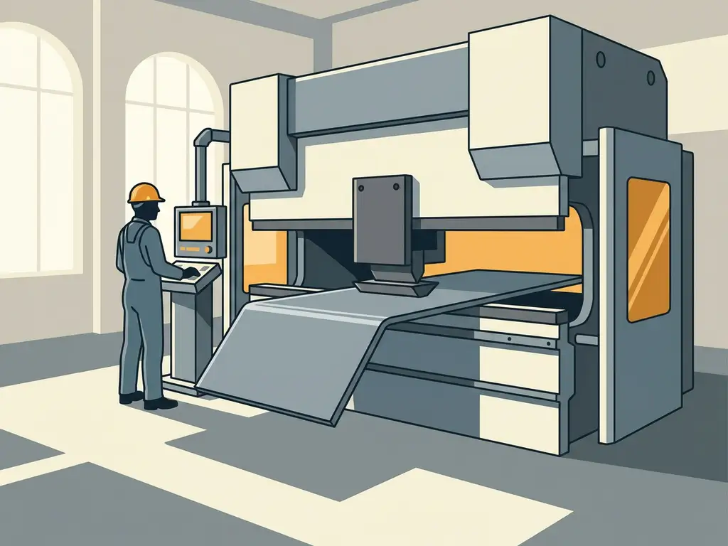 Staalplaat die op een kantbank wordt gebogen, met één scherp gevouwen zijde en één vlak gedeelte, industriële werkplaats.