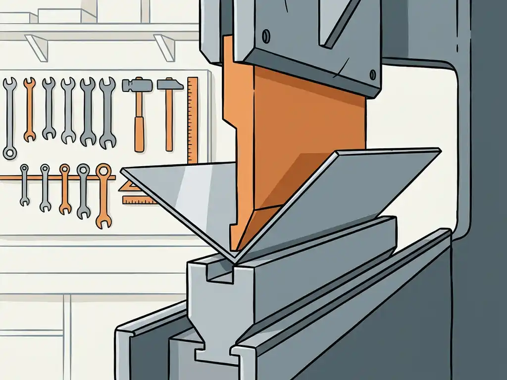 Stalen plaat die nauwkeurig wordt gebogen door een kantpers, met scherpe hoeken en strakke metalen vouwen in een industriële werkplaats.