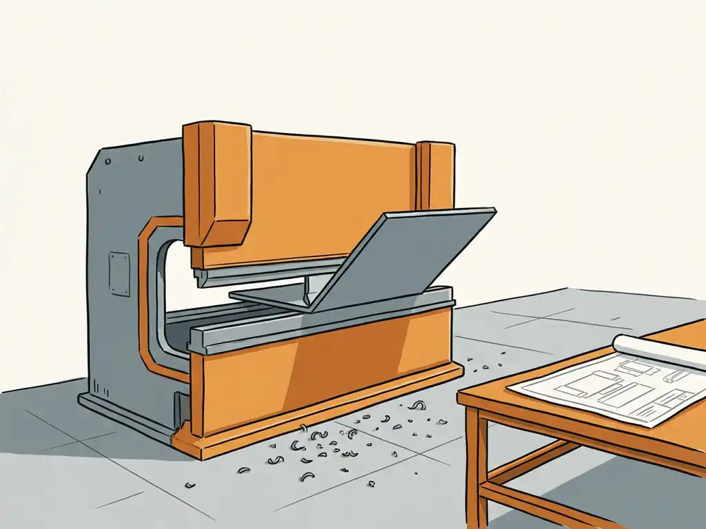Stalen plaat die nauwkeurig wordt gebogen door een kantbank, met metaalvijlsel op de vloer en een technische tekening op de werkbank.