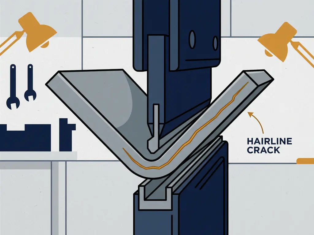 Stalen plaat in een kantpers met een haarscheurtje langs de buitenste radius tijdens het buigproces.