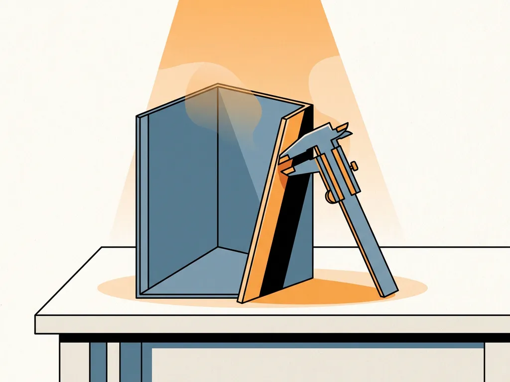 Nauwkeurig gebogen stalen plaat staand op werkoppervlak met schuifmaat langs de gevouwen rand, vlakke illustratiestijl in staalblauw en oranje.