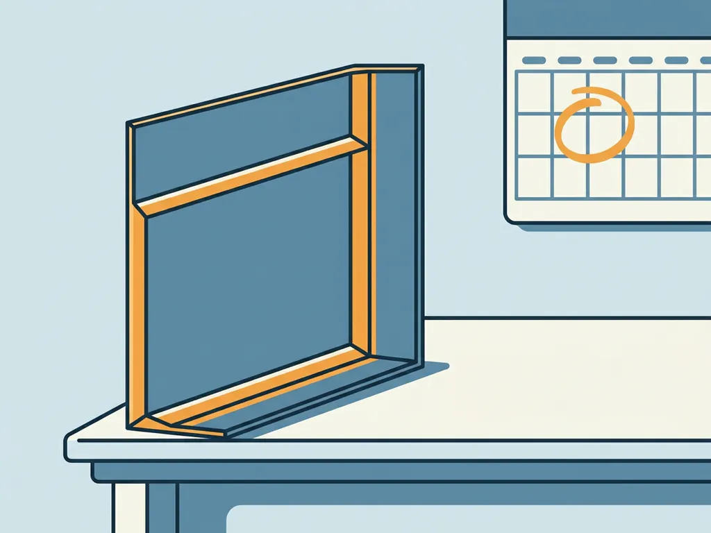 Gebogen stalen plaat rechtop op een werkbank, met scherpe vouwlijnen en een wandkalender op de achtergrond.