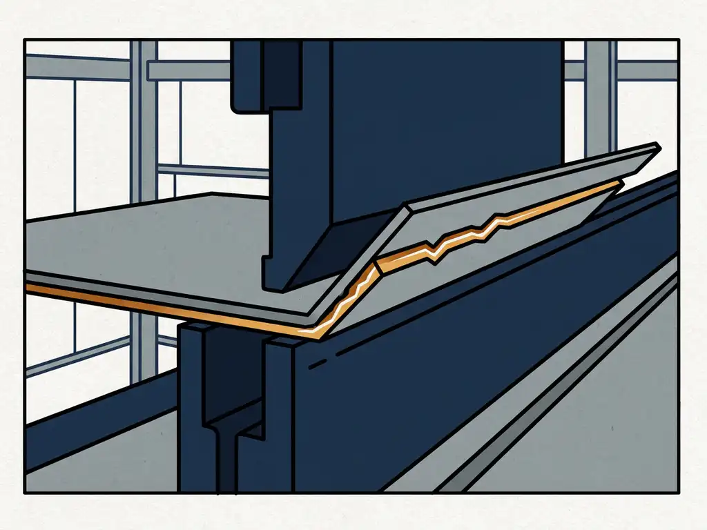 Stalen plaat die wordt geperst in een scherpe hoek, met een zichtbare scheur langs de buitenste radius tijdens het kantproces.