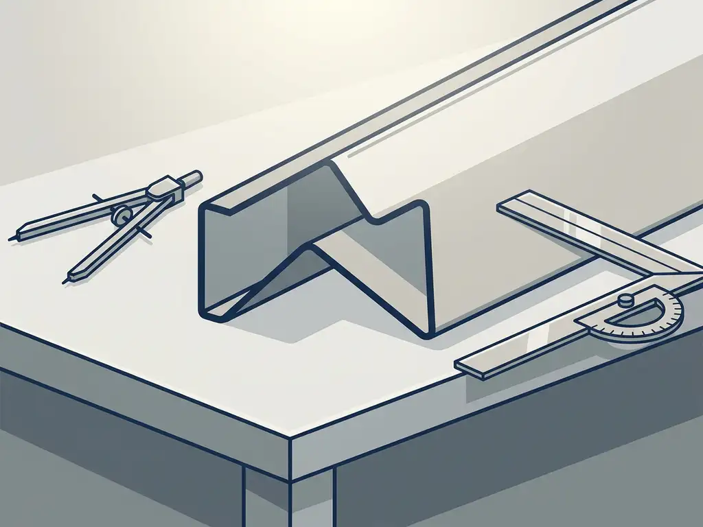 Technische illustratie van een gebogen staalplaatprofiel in doorsnede met een passer en hoekmeter op een werkoppervlak.