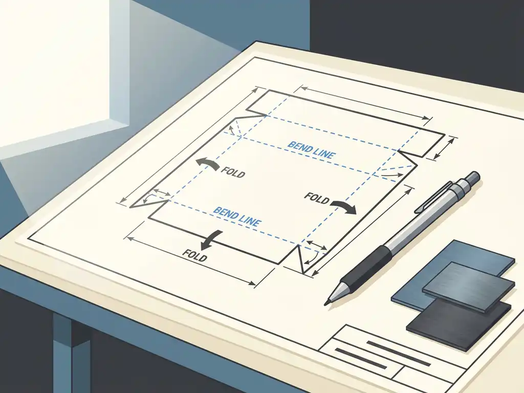 Technische tekening van een staalplaat met buiglijnen en vouwannotaties op een tekentafel, met een mechanisch potlood ernaast.