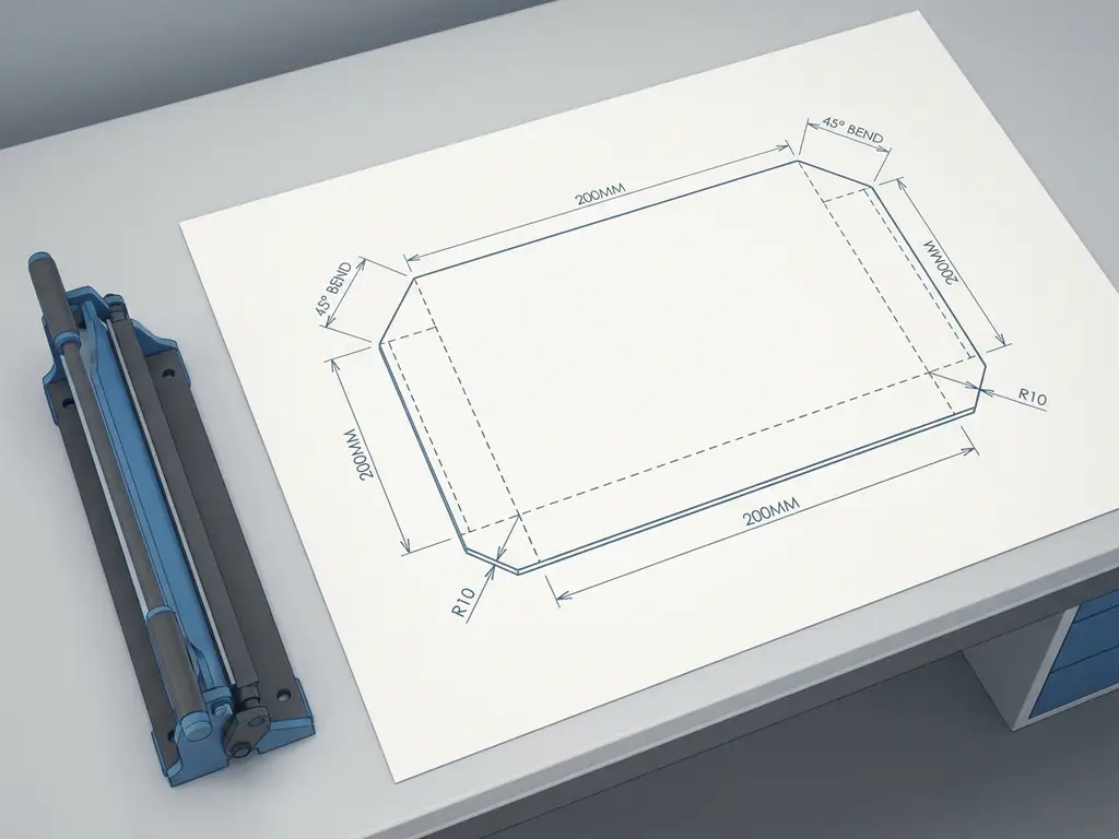 Technische tekening van staalplaat met vouwlijnen en maataanduidingen naast een kantgereedschap op een werkbank.