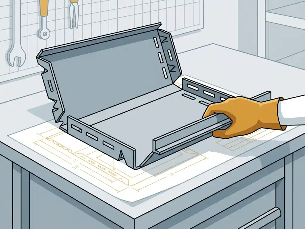 Stalen plaatdeel half gevouwen op werktafel, met lasergestanste sleuven langs de randen en technische tekening eronder.