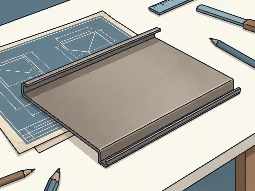 Precies gevouwen staalplaat met scherpe kanten op een werktafel, met een technische tekening eronder zichtbaar.