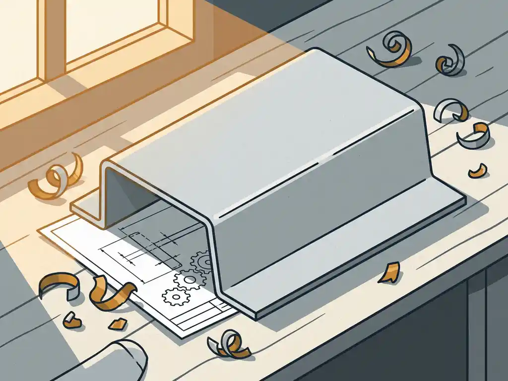 Gevouwen staalplaat met scherpe vouwlijnen op een werkbank, technische tekening eronder, metaalspanen verspreid in warm industrieel licht.