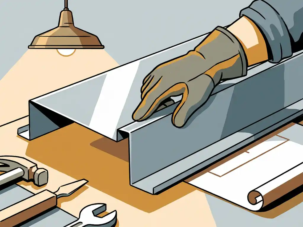 Handgeschoende hand die een vers gebogen stalen plaat met zinkgrijze coating inspecteert op een industriële werkbank.