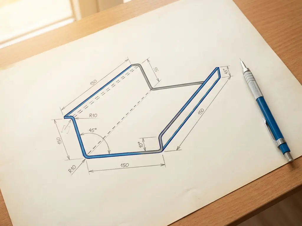 Technische tekening van een gebogen staalplaat profiel met maatpijlen en booglijnen, mechanisch potlood ernaast.