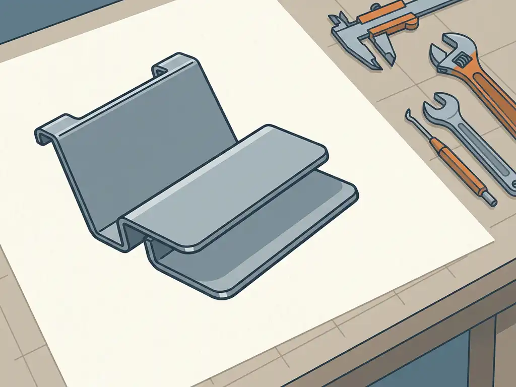 Platte staalplaat met gevouwen kanten en ontbraamde randen, weergegeven als technische illustratie op een werkoppervlak.