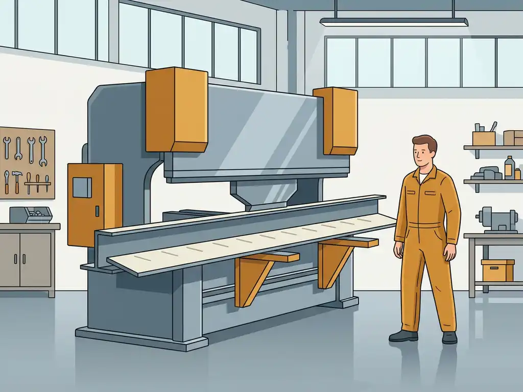 Metalen kantbank buigt een lang stalen profiel met uitlijnmarkeringen in een industriële werkplaats.