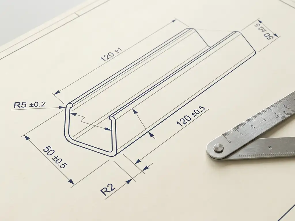 Technische tekening van gebogen staalprofielen met maatlijnen en toleranties, naast een metalen vouwmeter op crèmekleurig tekenpapier.