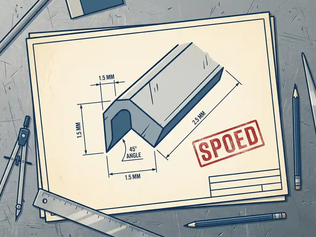 Technische tekening van een stalen kantprofiel op blauwdrukpapier met een rood SPOED-stempel naast nauwkeurige buighoekmarkeringen.